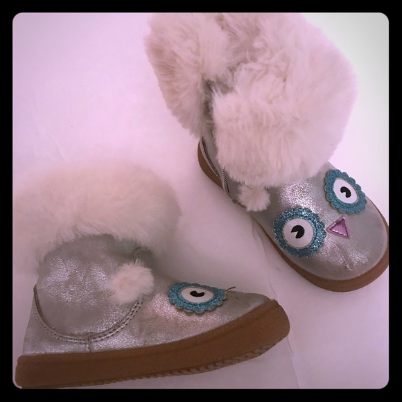 Cat /& Jack Toddler Girls Tallis Glittery Silver Owl Fashion Boots Faux Fur SZ 7